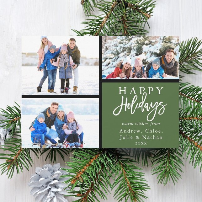 3 Photo Collage Modern Happy Holidays Green Holiday Card (Creator Uploaded)