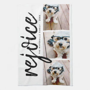 3 Photo Collage - Modern Merry Christmas Rejoice Kitchen Towel
