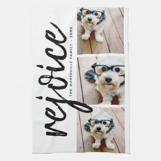 3 Photo Collage - Modern Merry Christmas Rejoice Kitchen Towel