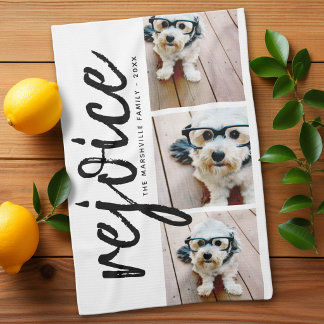 3 Photo Collage - Modern Merry Christmas Rejoice Kitchen Towel