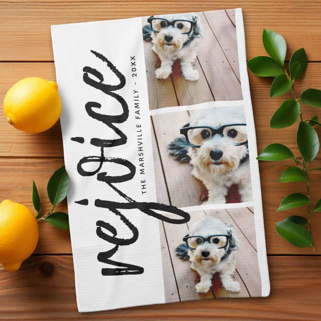 3 Photo Collage - Modern Merry Christmas Rejoice Kitchen Towel (Custom Kitchen Towel)
