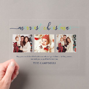 3 Photo Collage Modern Script "Merriest Christmas" Acrylic Invitations