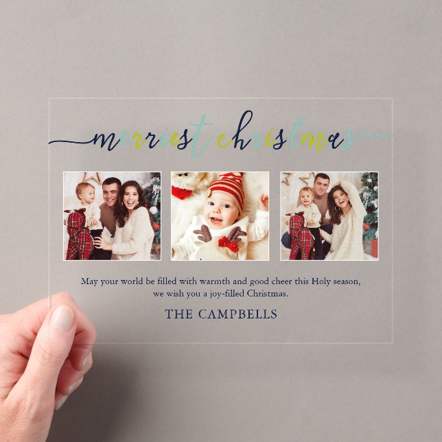 3 Photo Collage Modern Script "Merriest Christmas" Acrylic Invitations (Insitu (Handheld))