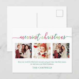 3 Photo Collage Modern Script "Merriest Christmas Holiday Postcard