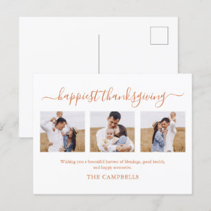 3 Photo Collage Modern Script Thanksgiving Holiday Postcard