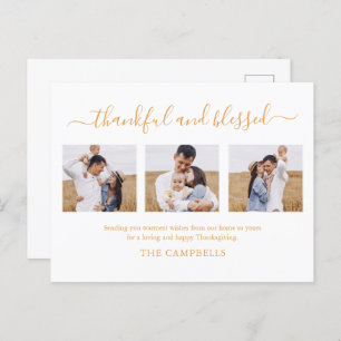 3 Photo Collage Modern Script Thanksgiving Holiday Postcard