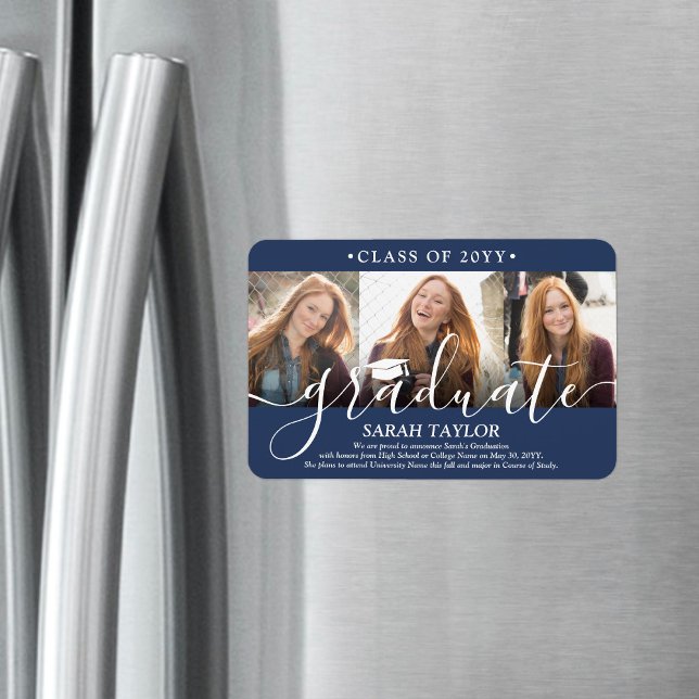 3 Photo Collage Navy Blue Graduation Announcement Magnet (Creator Uploaded)