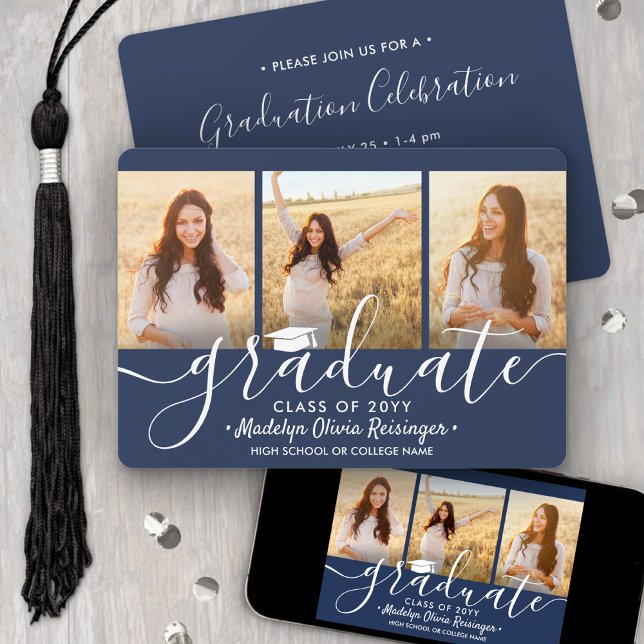 3 Photo Collage Navy Blue & White Graduation Party Invitation (Creator Uploaded)