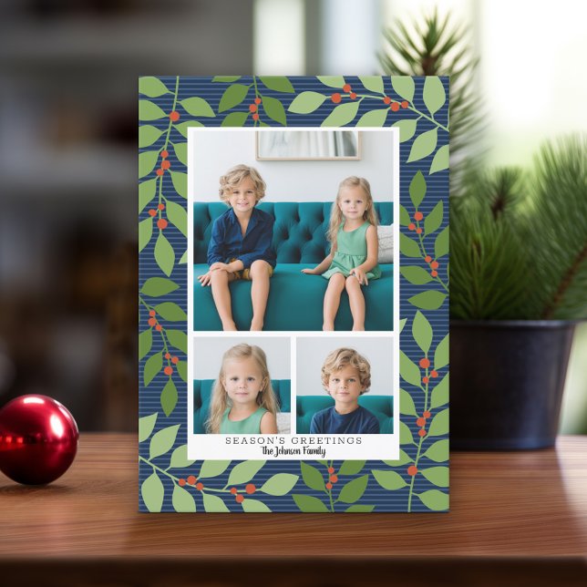 3 Photo Collage Navy Botanical Season's Greeting Holiday Card (Modern Christmas Card with Photos)