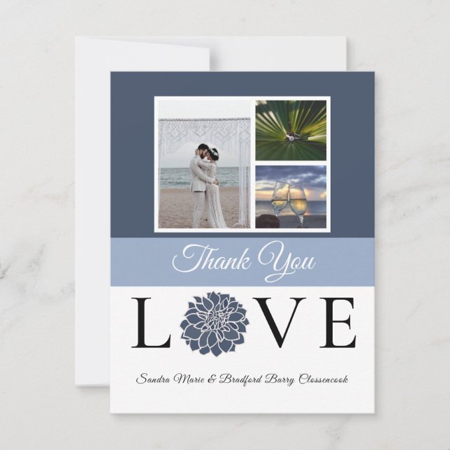 3 Photo collage Navy Dusty Blue Flower Wedding  Thank You Card (Front)