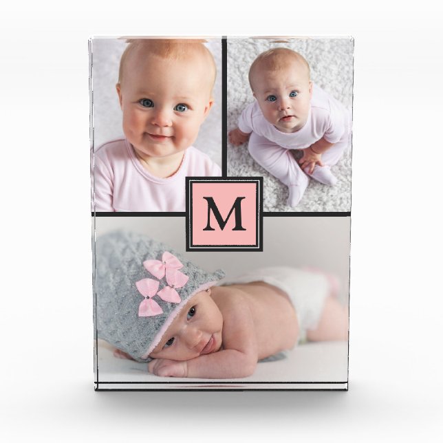 3 Photo Collage Pink Grey Personalized Photo Block (Front)