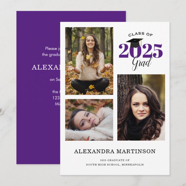 3 Photo Collage Purple Graduation Party Invitation (Front/Back)