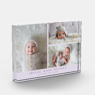 3 Photo Collage Purple New Baby Keepsake  Block