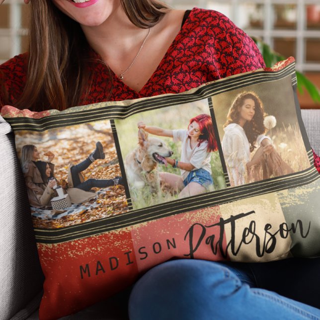 3 Photo Collage Rustic Abstract Personalized Name Accent Pillow (Creator Uploaded)