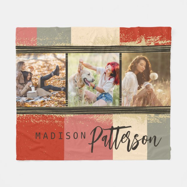 3 Photo Collage Rustic Abstract Personalized Name Fleece Blanket (Front (Horizontal))