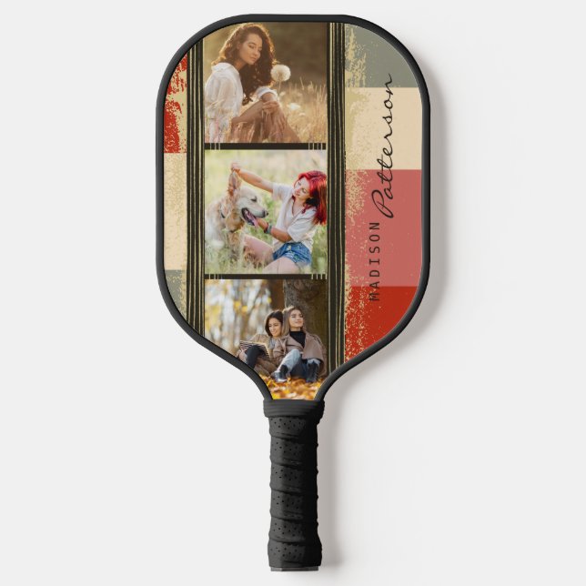 3 Photo Collage Rustic Abstract Personalized Name Pickleball Paddle (Front)