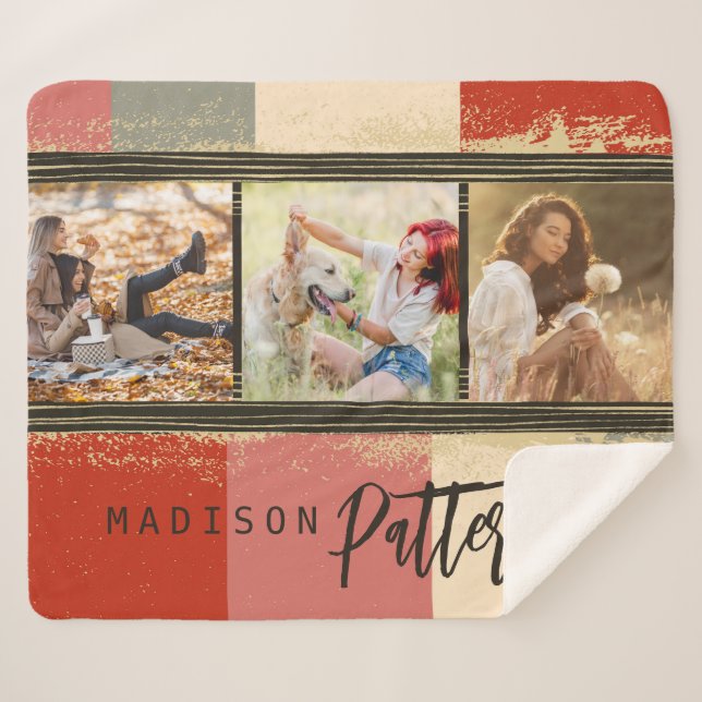 3 Photo Collage Rustic Abstract Personalized Name Sherpa Blanket (Front (Horizontal))
