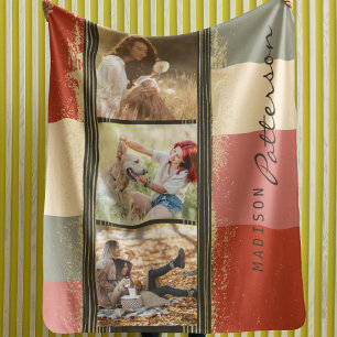 3 Photo Collage Rustic Abstract Personalized Name Sherpa Blanket