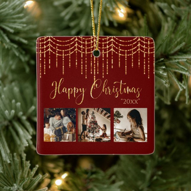 3 Photo Collage Rustic Garland Lights Ceramic Ceramic Ornament (Tree)