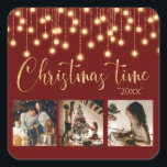3 Photo Collage Rustic String Lights Christmas Square Sticker<br><div class="desc">“Christmas time” in beautiful faux gold script on a red background. Replace photos with 3 of your personal favourite photos.  Gold faux string lights/ lanterns hanging down.  Change the year and what a beautiful Christmas sticker. Perfect for Christmas card envelope stickers.</div>