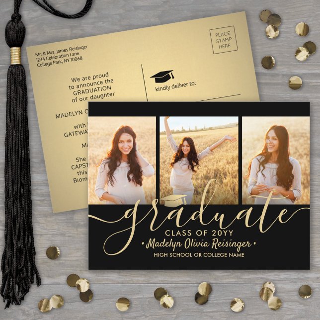 3 Photo Collage Script Black and Gold Graduation Announcement Postcard (Creator Uploaded)