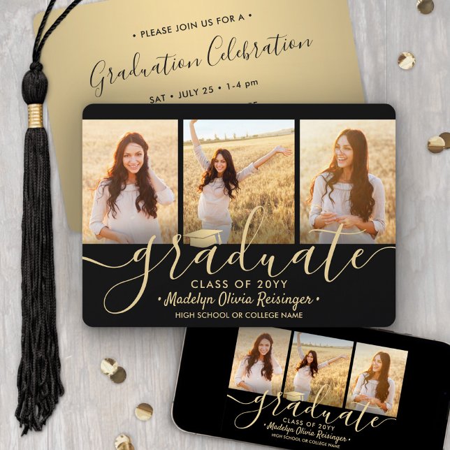 3 Photo Collage Script Black Gold Graduation Party Invitation (Creator Uploaded)