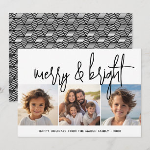 3 Photo Collage Script black white Merry Bright Holiday Card