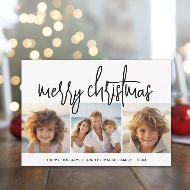 3 Photo Collage Script black white Merry Christmas Holiday Card (3 Photo modern, minimal Christmas photo card)