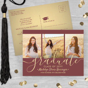 3 Photo Collage Script Burgundy & Gold Graduation Announcement Postcard