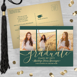 3 Photo Collage Script Green and Gold Graduation Announcement Postcard