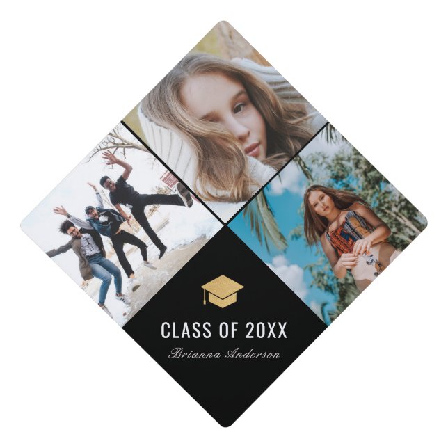 3 Photo Collage Simple Black Graduation Cap Topper (Front)