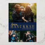 3 Photo Collage Simple Modern Hanukkah  Foil Holiday Card<br><div class="desc">This beautiful three photo collage Hanukkah card features simple, elegant text in real foil (available in gold, rose gold, or silver) over a navy blue background. The back of the card contains a modern diagonal stripes design in navy blue over a white background (colour can be customized, if desired). For...</div>