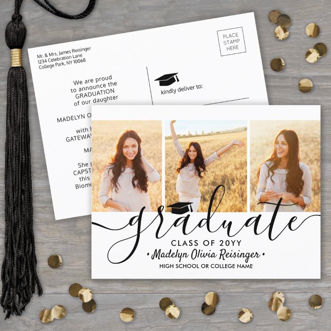 3 Photo Collage Simple Modern Script Graduation An Announcement Postcard (Creator Uploaded)