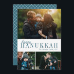 3 Photo Collage Simple Modern Teal Hanukkah Photo Holiday Card<br><div class="desc">This beautiful three photo collage Hanukkah card features simple,  elegant text in teal blue green over a white background. The back of the card contains a modern geometric diamond pattern. For design or product enquiries,  please contact me (Tracey) at orabellaprints@outlook.com.</div>