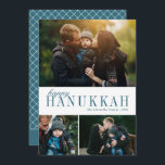 3 Photo Collage Simple Modern Teal Hanukkah Photo Holiday Card<br><div class="desc">This beautiful three photo collage Hanukkah card features simple,  elegant text in teal blue green over a white background. The back of the card contains a modern geometric diamond pattern. For design or product enquiries,  please contact me (Tracey) at orabellaprints@outlook.com.</div>