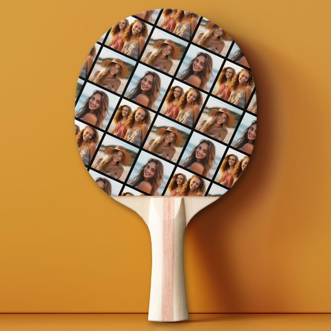 3 Photo Collage - Staggered Pattern - Black Ping Pong Paddle (Custom Pink Pong Paddle)