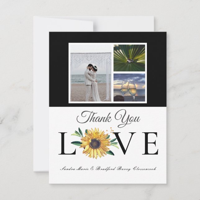 3 Photo collage  Sunflower Grey Yellow Wedding Tha Thank You Card (Front)