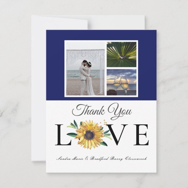 3 Photo collage  Sunflower navy  Yellow Wedding  Thank You Card (Front)