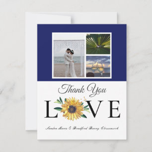 3 Photo collage Sunflower navy Yellow Wedding Thank You Card