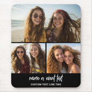 3 Photo Collage with Script Text - black white Mouse Pad