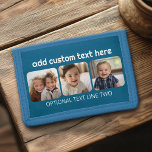 3 Photo Collage with trendy bounce script - blue Trifold Wallet<br><div class="desc">Use square cropped photos for best results. This 3 photo modern grid with a collage and rounded corners. Add your favourite pictures to this film strip for a fun memory keeper. An artistic way to display your best photo sharing pics.</div>