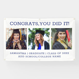 3 Photo Congrats Grad 2023 Blue White Graduation Banner