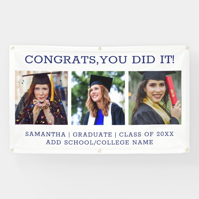 3 Photo Congrats Grad 2023 Blue White Graduation   Banner (Horizontal)