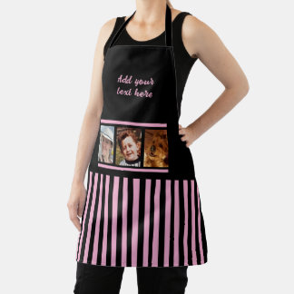 3 photo custom text black pink striped  apron