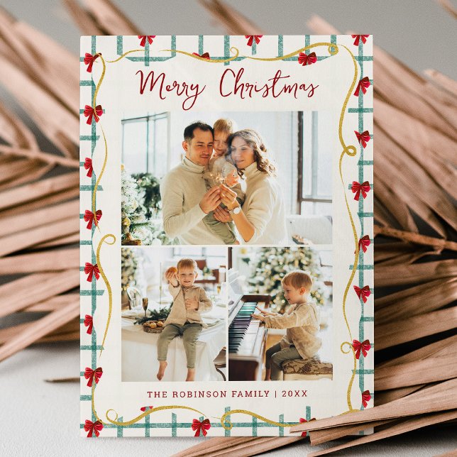 3 Photo Cute Red Green Bow Pattern Merry Christmas Holiday Card (Creator Uploaded)