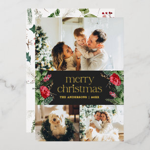 3 Photo Dark Grey Winter Botanical Merry Christmas Foil Holiday Card