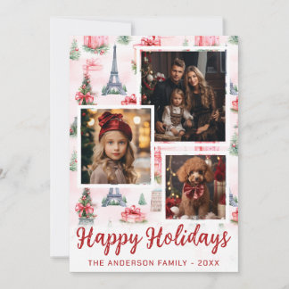 3 Photo Eiffel Tower, Paris Chic Pink Christmas Holiday Card