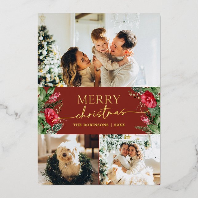 3 Photo Elegant Botanical Merry Christmas Gold Foil Holiday Card (Front)