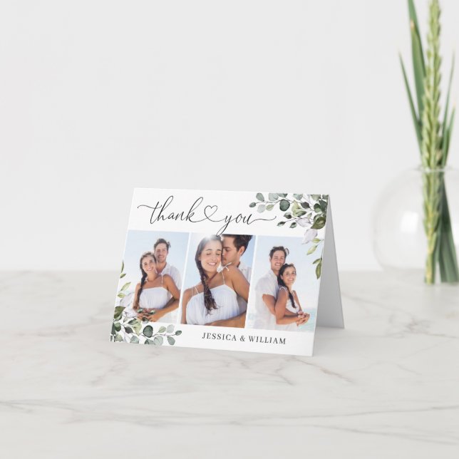 3 PHOTO Elegant Eucalyptus Greenery Wedding Thank You Card (Front)