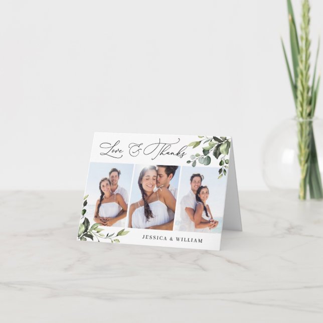3 PHOTO Elegant Eucalyptus Watercolor Floral Thank You Card (Front)